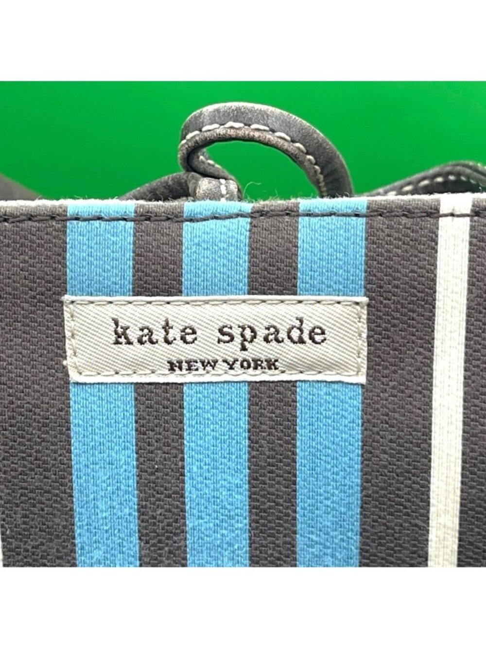 Kate Spade NY Striped Canvas Tote Bag Blue Brown White Leather Handles Italy VTG - Picture 6 of 15